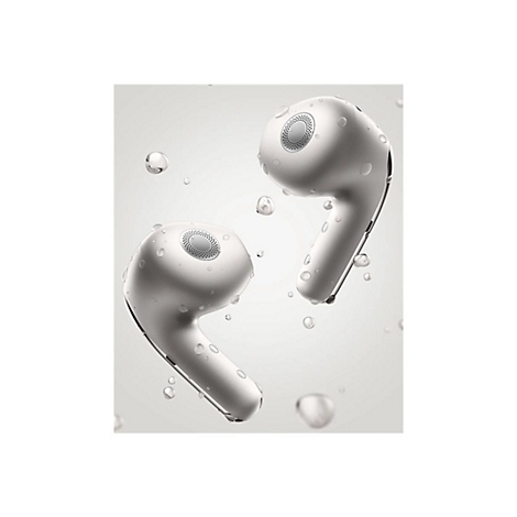 Zwei weiÃŸe kabellose OhrhÃ¶rer mit Wassertropfen auf grauem Hintergrund. Naheinstellung, High-Key-Fotografie.