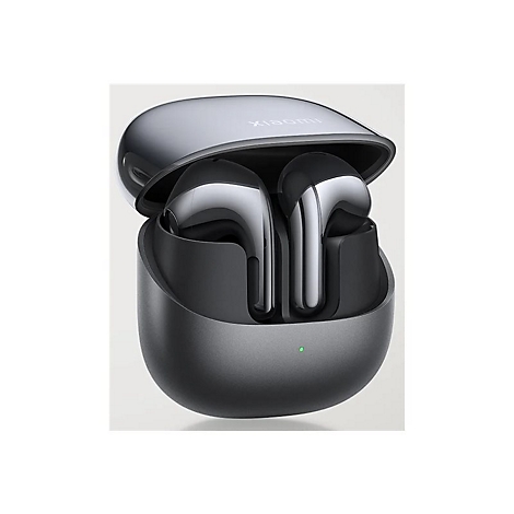 Geöffnetes Xiaomi Ladecase in Dunkelgrau mit glänzenden, schwarzen In-Ear-Kopfhörern darin.