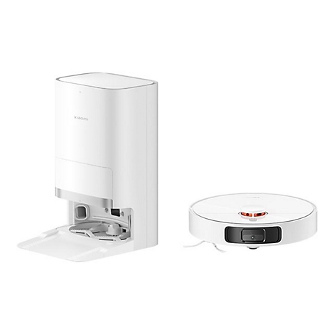 Weißer Xiaomi Saugroboter mit dazugehöriger quadratischer Absaugstation vor weißem Hintergrund.