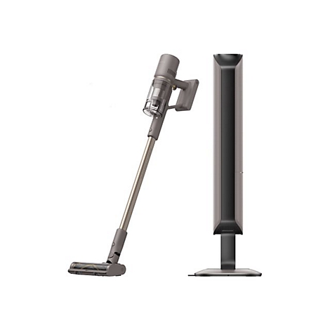 Ein kabelloser Staubsauger und eine Ladestation auf weißem Hintergrund. Der Staubsauger ist silbergrau, die Ladestation ist dunkelgrau.
