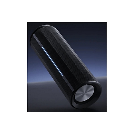 Schwarzer, zylinderförmiger Bluetooth-Lautsprecher mit leuchtendem blauen LED-Streifen auf dunklem Hintergrund.