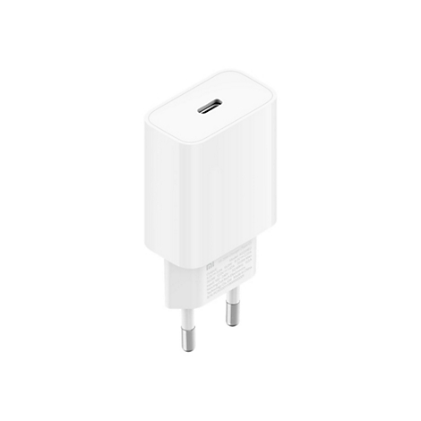 Weißes Mi 20W USB-C Netzteil vor weißem Hintergrund mit EU-Stecker.