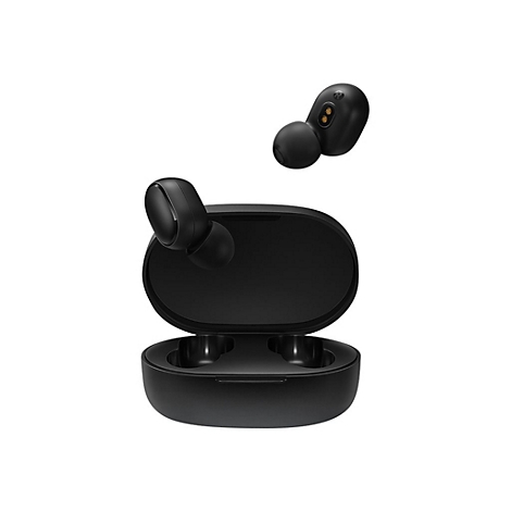 Schwarze kabellose In-Ear-Kopfhörer mit zugehörigem Lade-Case vor weißem Hintergrund.