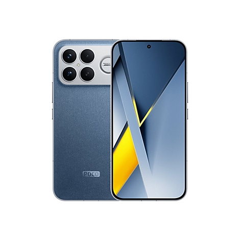 Blaues POCO Smartphone vor weißem Hintergrund. Rückseite zeigt Kamera-Modul, Vorderseite zeigt Display mit gelben Akzenten.