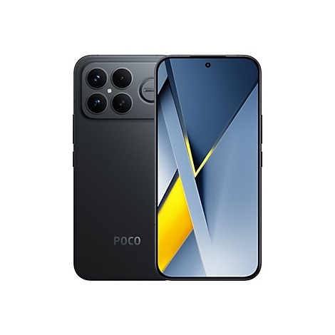 Schwarzes Smartphone mit vier Rückkameras, Display mit blau-gelber Grafik. POCO-Logo.