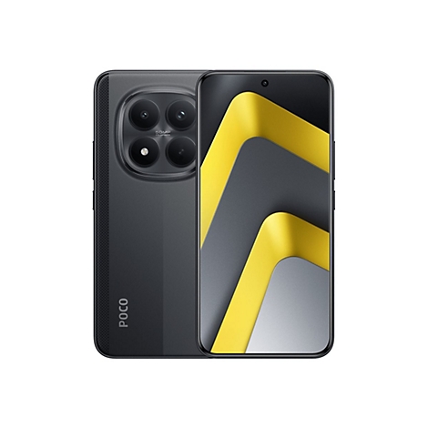 Schwarzes Poco Smartphone mit 50MP Kamera auf der Rückseite und abstraktem gelb-grauem Displayhintergrund.