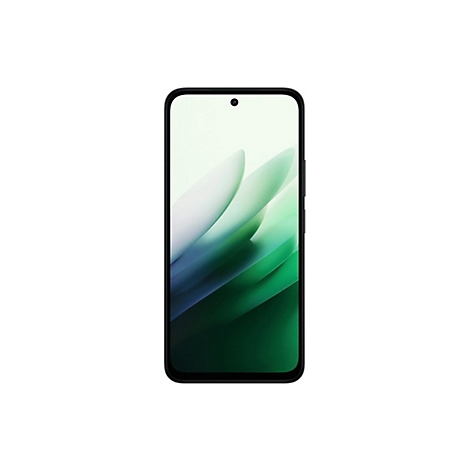 Schwarzes Smartphone mit großem Bildschirm. Auf dem Display grüne und weiße Wellenmuster. Oben mittig eine Frontkamera.