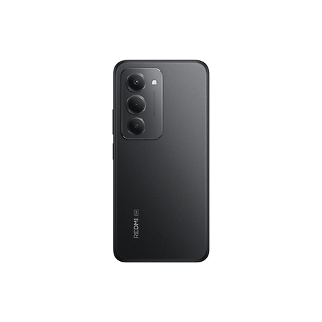Schwarzes Smartphone, Rückseite, mit drei Kameras, Redmi-Logo und 5G-Symbol.