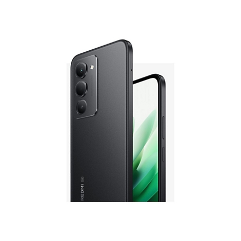 Dunkelgraues Smartphone mit drei Kameras, Redmi-Logo und 5G-Schriftzug.