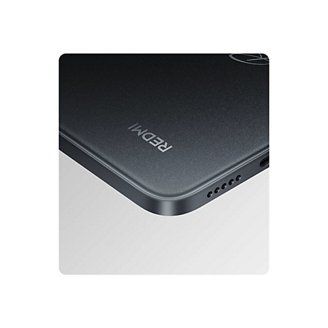 Nahaufnahme eines schwarzen Smartphones. Der Schriftzug "REDMI" ist erkennbar. Auf der Unterseite befinden sich Lautsprecheröffnungen.