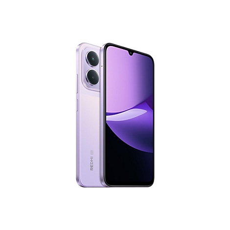 Ein lilafarbenes Redmi 5G Smartphone von vorne und hinten vor weißem Hintergrund.