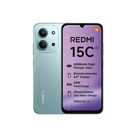 Ein hellblaues Smartphone, Display zeigt Textinformationen, wie "REDMI 15C 5G", "6000mAh Akku".