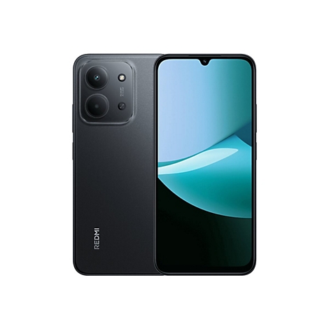 Dunkelgraues Smartphone, Ansicht von vorne und hinten, Display mit blau-grüner Grafik, Kamera und LED-Blitz, mit dem REDMI Logo.