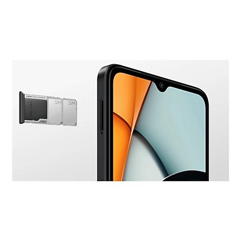 Nahaufnahme eines schwarzen Smartphones mit orangefarbenem und blauem Bildschirmdesign und SIM-Karten-Einschub.