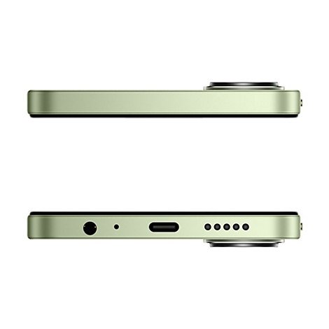 Ansicht der Unterseite und Oberseite eines hellgrünen Smartphones mit USB-C-Anschluss und Lautsprecher.