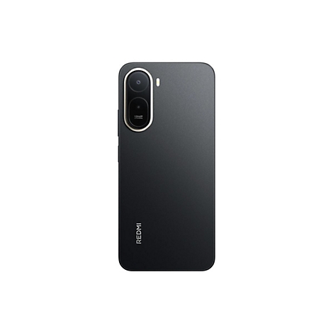 Schwarzes Smartphone, Rückseite, mit Kamera und „REDMI“-Schriftzug.