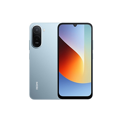 Hellblaues Smartphone von Redmi, Rückseite und Display sichtbar. Auf der Rückseite 2 Kameras und das Redmi Logo.