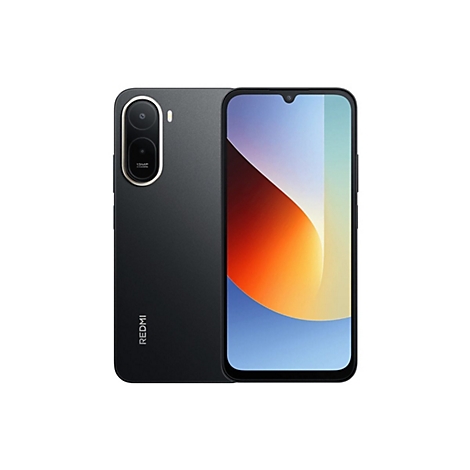 Schwarzes Smartphone, Vorder- und Rückseite gezeigt. Auf der Rückseite ist eine Dual-Kamera und das Redmi-Logo zu sehen.