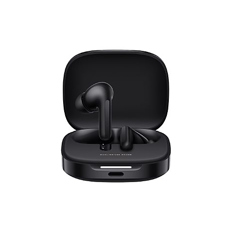 Schwarze In-Ear-Kopfhörer mit Ladecase vor weißem Hintergrund.