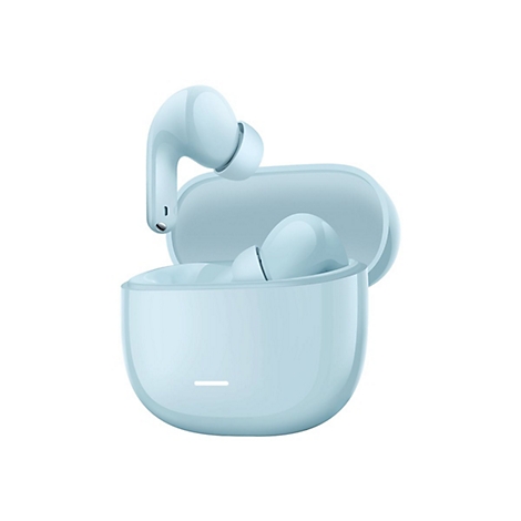 Hellblaue In-Ear-Kopfhörer in einem offenen, passenden Lade-Etui vor weißem Hintergrund.