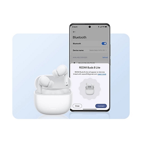Ein Smartphone zeigt ein Bluetooth-Koppelungs-Pop-up für weiße Redmi Buds 8 Lite Kopfhörer an.