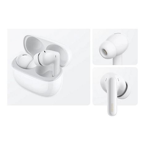 Weiße Redmi In-Ear-Kopfhörer mit Ladecase in drei verschiedenen Ansichten auf hellem Hintergrund.