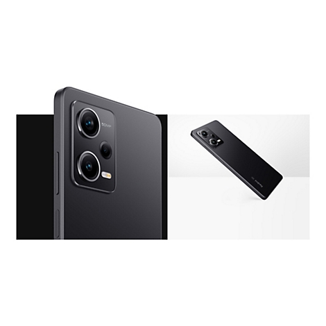 Dunkelgraues Smartphone, detailreich dargestellt. Fokus auf der Kamera mit 50MP-Aufschrift und dem roten Redmi-Logo.