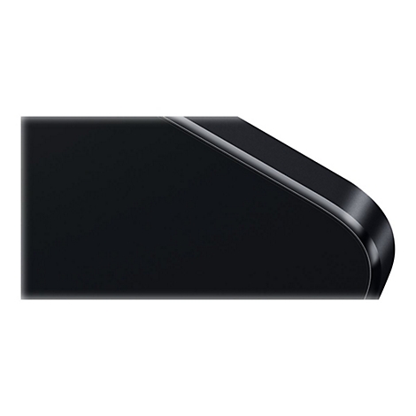 Detailaufnahme eines schwarzen, abgerundeten Eckes mit einer dünnen, silbernen Umrandung.