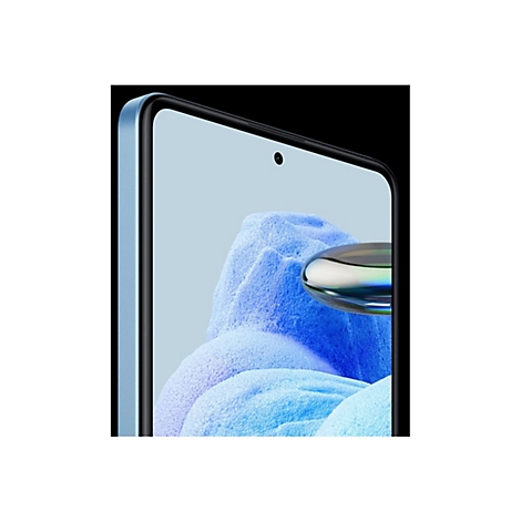 Nahaufnahme eines Smartphones mit blauem Rahmen und Display. Im Display befindet sich eine digitale blaue Landschaft.