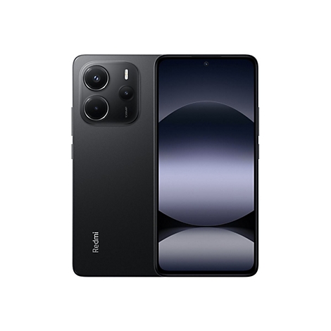 Schwarzes Smartphone mit drei Kameras, Redmi-Logo. Der Bildschirm zeigt ein violettes abstraktes Design.