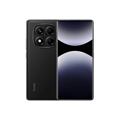 Schwarzes Smartphone, Rückseite mit Kamera-Modul, Vorderseite mit Display. Kamera-Modul enthält vier Linsen. Display zeigt ein abstraktes Muster.