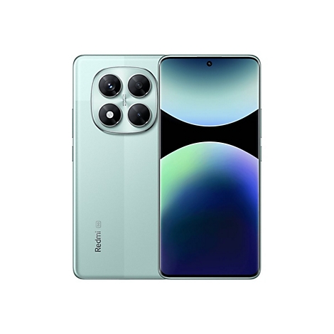 Hellgrünes Smartphone, Rückseite mit vier Kameras. Bildschirm zeigt farbigen Verlauf. Marke: Redmi.