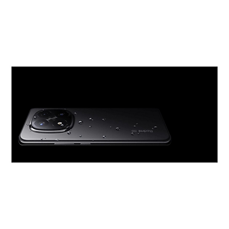 Schwarzes Smartphone, von Wassertropfen bedeckt, auf schwarzem Hintergrund. Die Kamera ist deutlich zu erkennen. Auf der Seite steht "Redmi 5G".