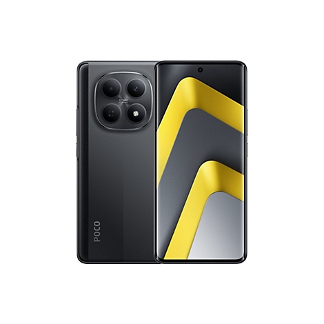 Schwarzes Poco Smartphone mit 50MP-Kamera und gelb-grauem Display-Design vor weißem Hintergrund.