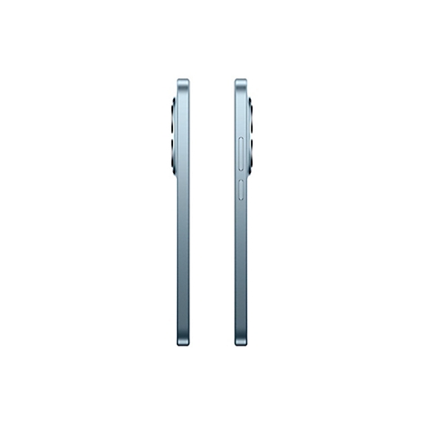 Zwei hellblaue Smartphones vor weißem Hintergrund, seitlich betrachtet. Kamera und Knöpfe sind erkennbar.