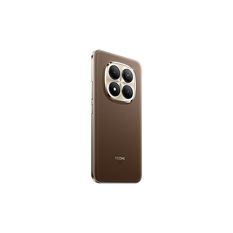 Rückseite eines braunen Redmi Smartphones mit goldener Kameraeinfassung vor weißem Hintergrund.