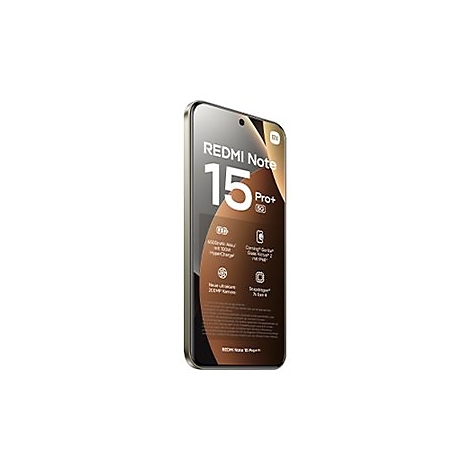 Xiaomi Redmi Note 15 Pro+ 5G Smartphone in Braun mit technischer Spezifikationsliste auf dem Display.