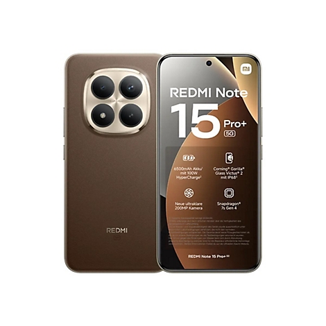 Xiaomi Redmi Note 15 Pro+ 5G Smartphone in Braun mit technischer Spezifikationsgrafik auf dem Display.