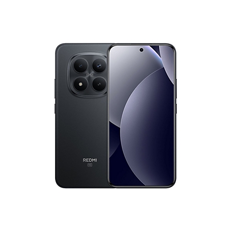 Ein schwarzes Smartphone, Vorder- und Rückseite gezeigt. Rückseite mit Kamera-Modul, Schriftzug REDMI und 5G. Bildschirm mit hellem Design.