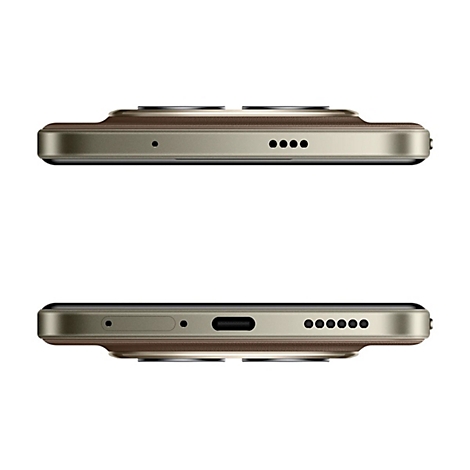 Zwei Nahaufnahmen eines Smartphones von der Seite, das Design der Unter- und Oberseite zeigend. Braune Lederdetails und Lautsprecheröffnungen sind sichtbar.