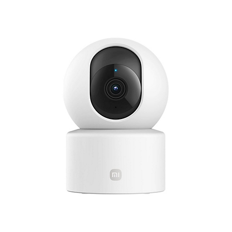 Weiße, kugelförmige Überwachungskamera von Xiaomi mit schwarzem Objektivbereich und leuchtender blauer Status-LED.
