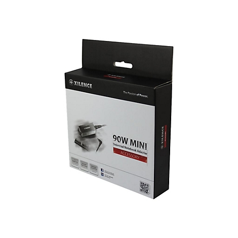 Verpackung eines 90W Mini Universal Notebook Adapters. Schwarz-weiÃŸ Design mit Produktabbildung und Text.