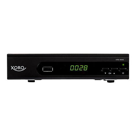 Schwarze Xoro-Set-Top-Box mit LED-Anzeige, die 0028 zeigt. Weitere Beschriftungen: USB, CH, Hrs 8660.