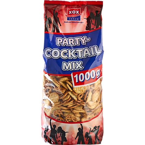 Un sac de Party Cocktail Mix. Silhouettes dansant sur fond rouge, avec les mots "Party Cocktail Mix". "1000g" en bas à droite.