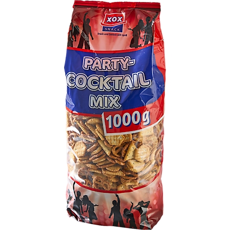Großer Snack-Beutel mit Aufschrift "Party-Cocktail Mix". Darunter tanzen Silhouetten von Menschen.