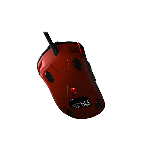 Rote Gaming-Maus mit schwarzem Kabel, Unteransicht. Die Maus hat schwarze Knöpfe und ein Logo.