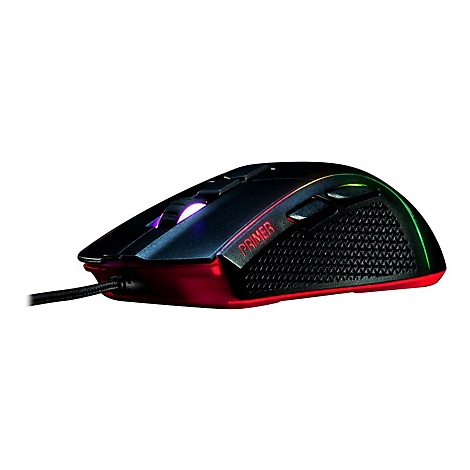Schwarze Gaming-Maus mit roten und grünen LED-Lichtern. Auf der Seite steht der Name "PRIMER".