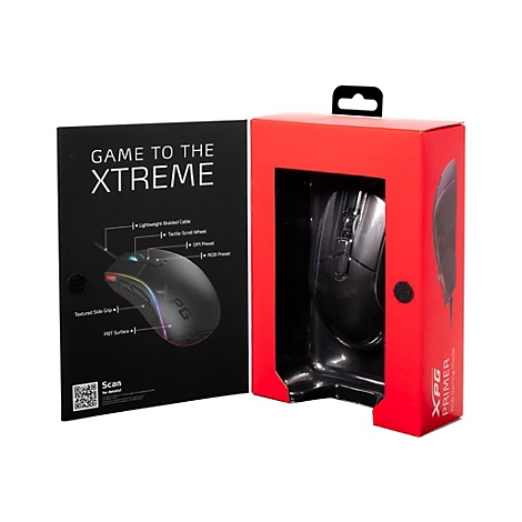 Ein Gaming-Maus-Set in einer roten und schwarzen Verpackung. Die Maus ist schwarz und mit bunten Lichtern versehen. Auf der Verpackung steht "GAME TO THE XTREME".