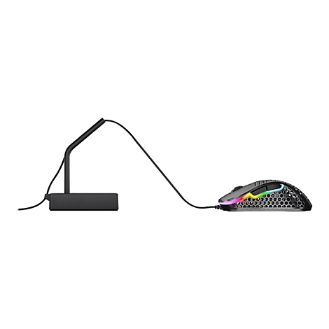 Schwarze Gaming-Maus mit LED-Beleuchtung und Halterung, auf weißem Hintergrund.