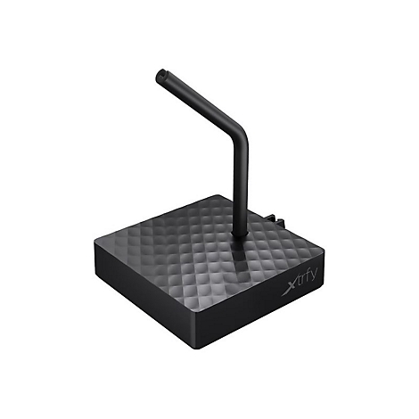 Schwarzer Mikrofonarm mit quadratischer Basis, rautenförmige Textur, Xtrfy Logo.